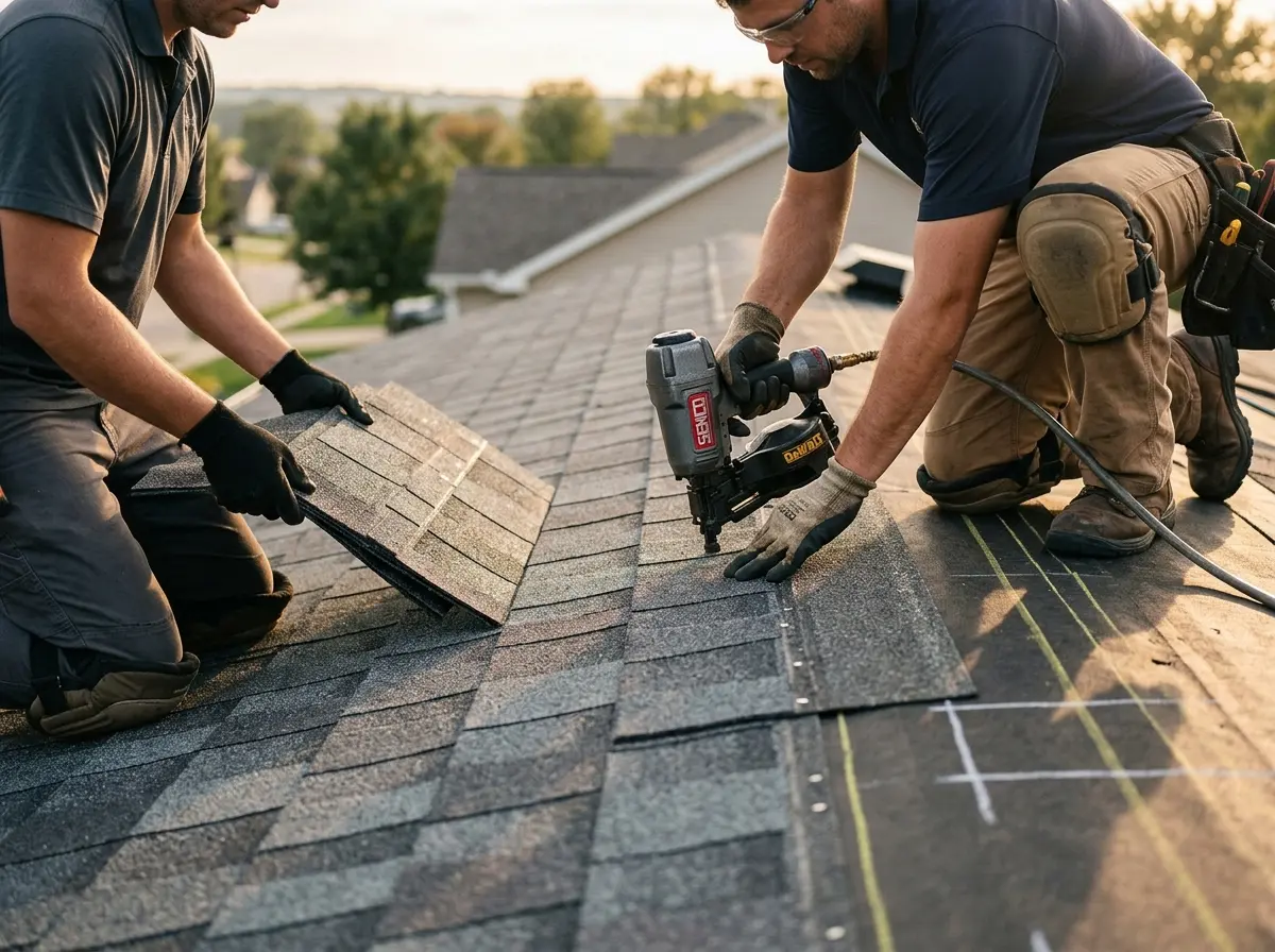 Professional roofer working on a residential roof in Gloversville